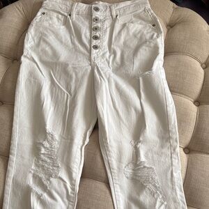 INC International Concepts White High-Rise Button-Fly Distressed Jeans
